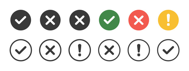 Checkmark Cross and Exclamation Mark Icon Set Approved Rejected and Warning Symbols © Riyad