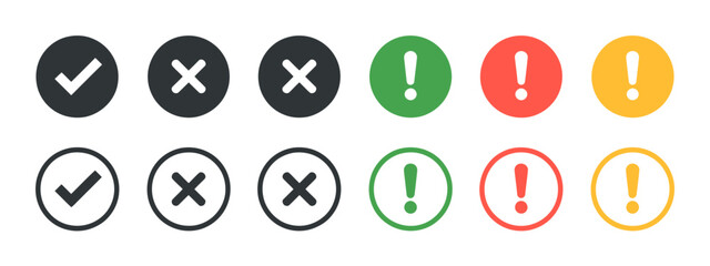 Checkmark Cross and Exclamation Mark Icon Set Approved Rejected and Warning Symbols © Riyad
