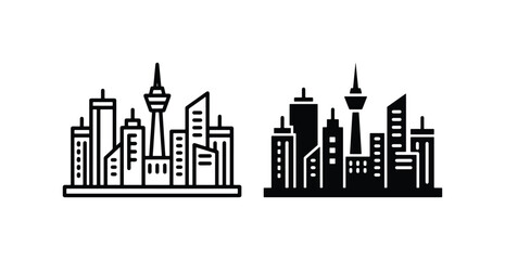 Fototapeta premium Modern Cityscape Icons, Urban Skyline Vector Graphics, Business District Silhouettes, Downtown Architecture Collection