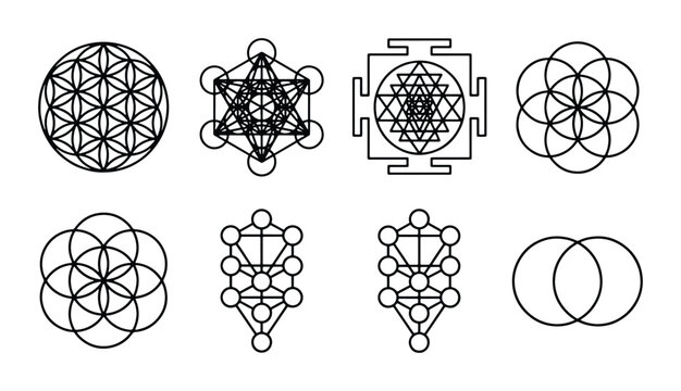 Sacred Geometry Symbols Collection: Metatron's Cube, Flower of Life, Kabbalah Tree Vector Icons