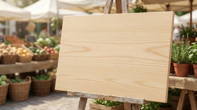 Blank Wooden Easel Signage Mockup at Outdoor Farmers Market Stall