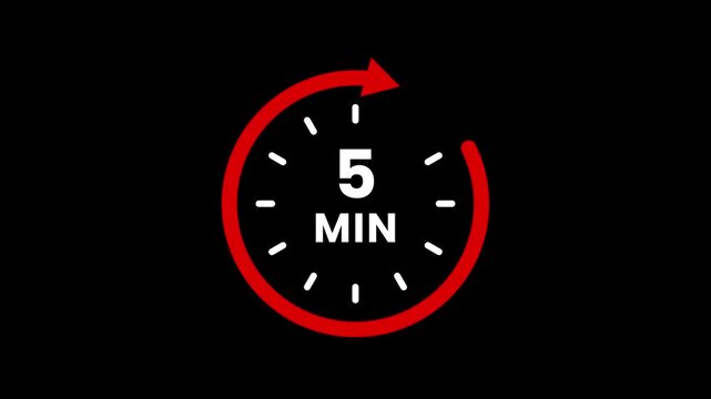Timer 5 minutes countdown clock with circular arrow on Black background. Clock with 5 minute and circular arrows timer animation. 5 Min arrow clock icon animation. 4k video