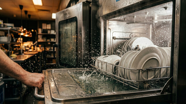 Industrial dishwasher spraying hot water over stack of white plates in professional kitchen setting illustrating kitchen cleaning equipment and restaurant hygiene management process.