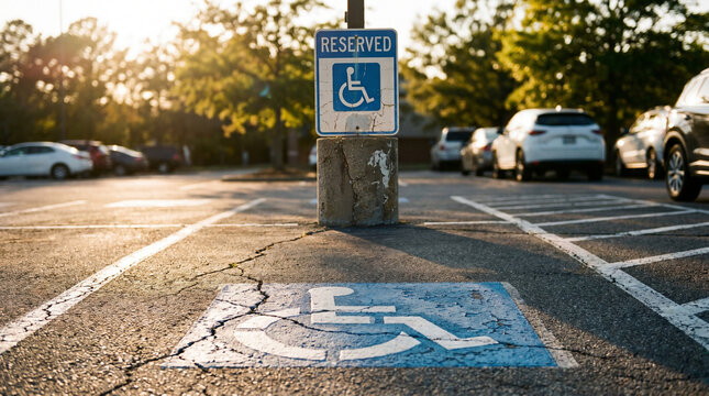 Wheelchair accessible parking space marked with blue symbol and sign, reserved for disabled drivers, asphalt lot.