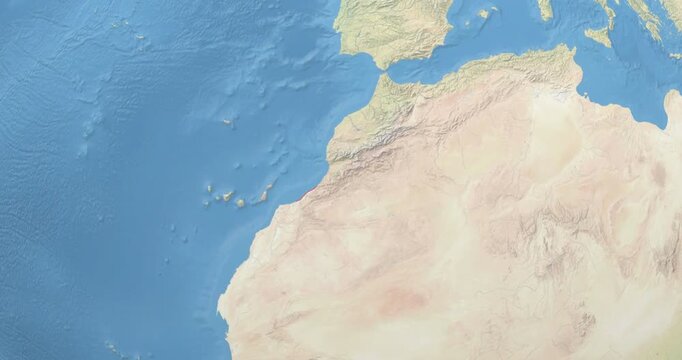 Morocco on Globe. Zoom into the country with Earth spinning on dark background. Physical world map with Morocco and label on it. Country view animation.