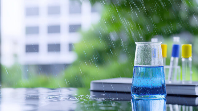 Laboratory scene featuring beaker filled with blue liquid, rain falling reflective surface, and test tubes background. atmosphere conveys sense