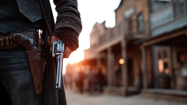 A lone gunslinger standing in a dusty town at high noon