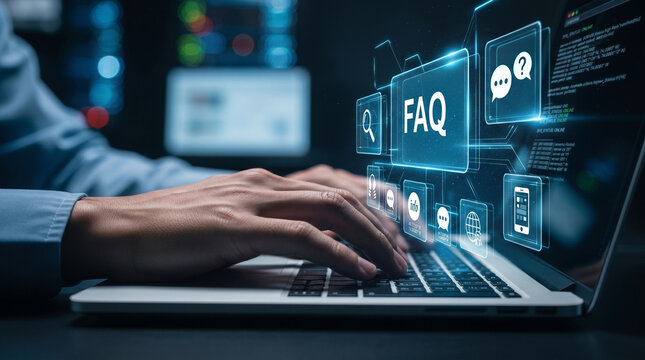 Person typing on laptop keyboard with an FAQ virtual screen and various service icons above, indicating customer support and information resources in a dark office setting.