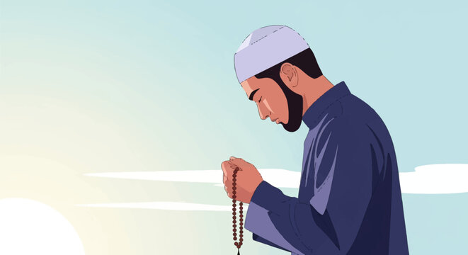 Side profile vector illustration of a bearded Muslim man wearing a white kufi and blue robe, holding prayer beads with eyes closed in prayer against a bright, minimalist sky background.