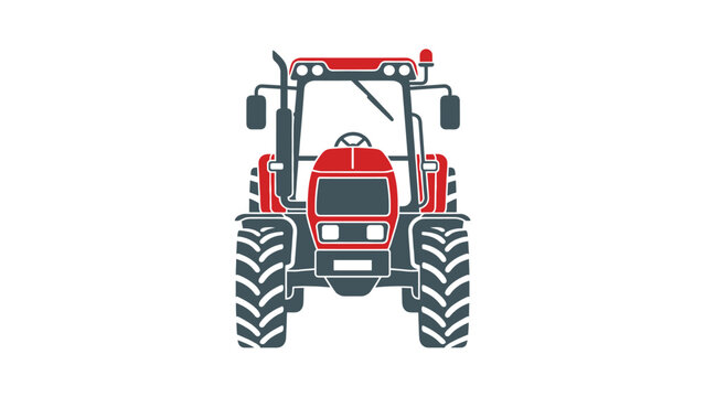 A red and gray tractor with large tires is facing forward on a white background