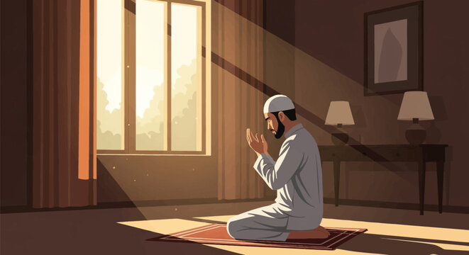 Vector illustration of a Muslim man wearing a skullcap and white thobe sitting on a prayer rug, making supplication as warm morning sunlight streams through a window indoors.