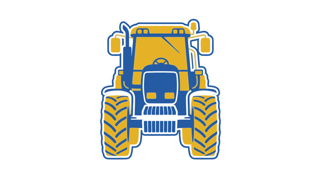 A blue and yellow tractor with large tires is facing forward on a white background