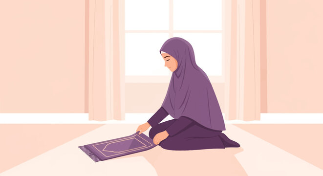 Vector illustration of a Muslim woman wearing a purple hijab and modest dress, kneeling on the floor while adjusting a prayer rug in a bright room with a large window.