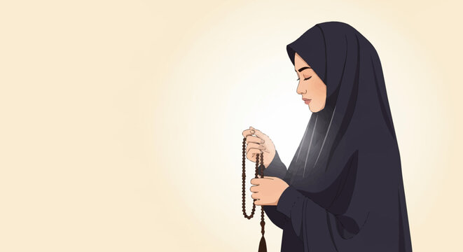 Vector illustration of a Muslim woman in a black hijab with eyes closed, holding wooden tasbih prayer beads while praying against a plain cream background with subtle light glow.