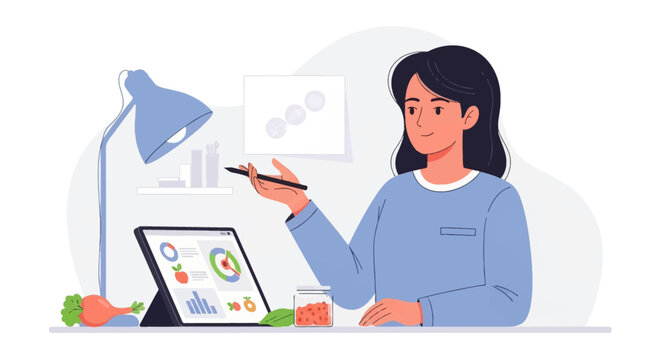 Female nutritionist or dietitian professional sitting at desk with digital tablet showing health data and charts, explaining healthy eating habits and food nutrition facts.