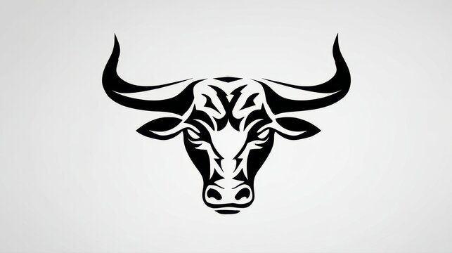 Bold black bull head  logo with powerful horns and tribal sharp line art style illustration clean symmetrical masculine zodiac taurus sticker design isolated on a light gray background