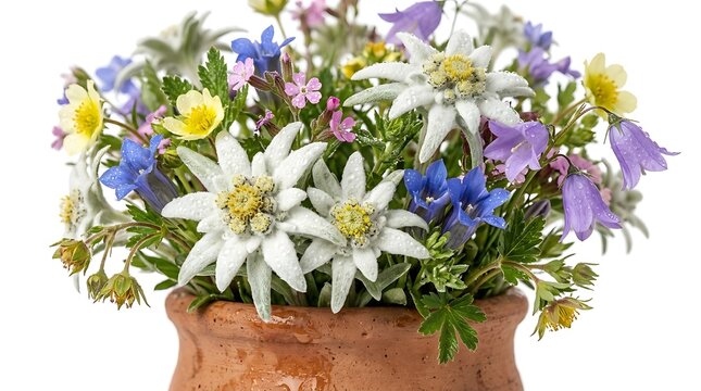 Alpine wildflower bouquet with Edelweiss and Gentians in clay pot