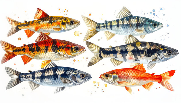 Barb fish varieties with detailed stripe and spot patterns displaying a dynamic soft contrasting color tropical aquarium watercolor painting atmosphere generative AI