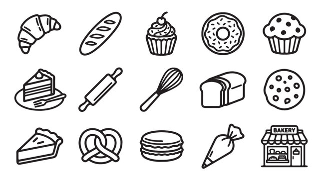 Baking icons, pastry symbols, bakery illustrations, food line art