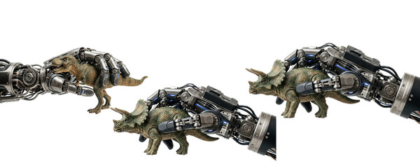 A Set of robotic arms carrying cyber dinosaur toys, futuristic mechanical triceratops creatures on clean white background illustration PNG for sci fi designs   © Haris