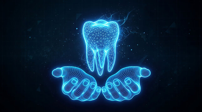 Luminous blue wireframe tooth held gently by digital hands on dark background dental health care