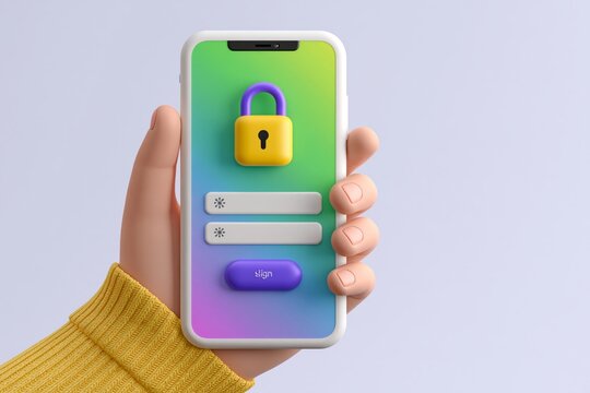 Sign in to online account on smartphone app. User interface. Secure login and password. 3D Vector Illustrations. Hand holding mobile smart phone with log in app. Free to edit 3D vector. UI interface