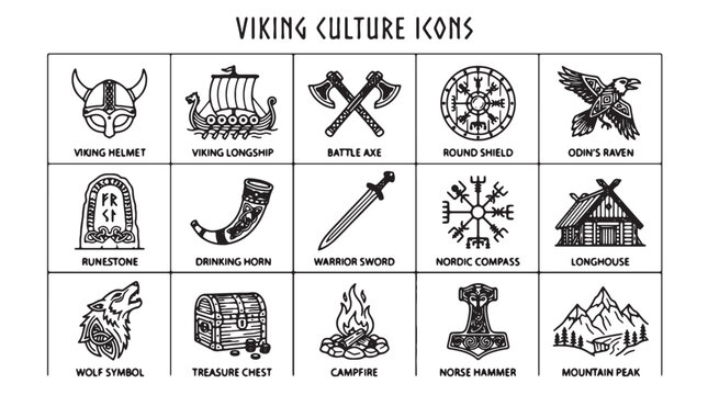 Viking culture icons, ancient Norse symbols, black and white illustration set