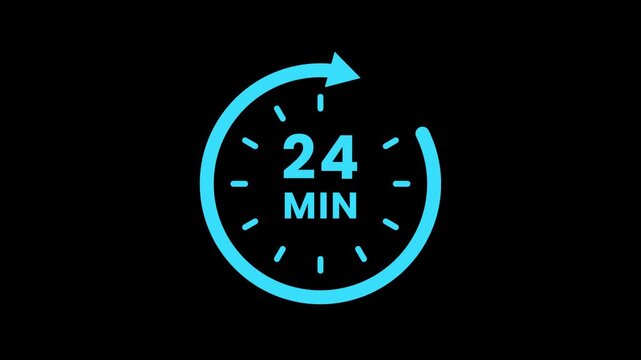 Timer 24 minutes countdown clock with circular arrow. Clock with 24 minute and circular arrows timer animation. 24 Min arrow clock icon animation. 