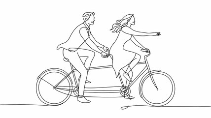 Fototapeta premium Happy Couple on Tandem Bike Line Art: Embracing Love and Playful Togetherness in Minimalist Outdoor Lifestyle Illustration