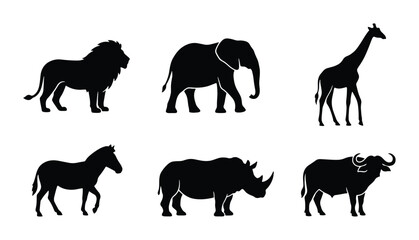 Fototapeta premium African Wildlife Silhouettes: Lion, Elephant, Giraffe, Zebra, Rhino, Buffalo Vector Icons