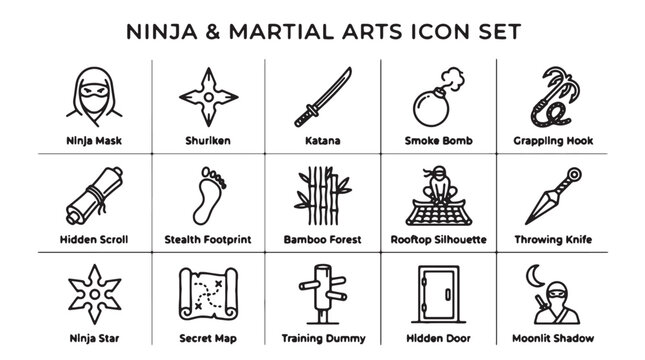 Ninja icons, martial arts symbols, vector icon set, 20 elements