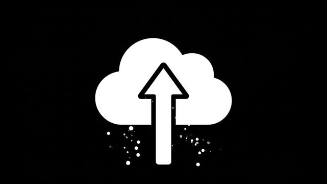 A clean, minimalist flat vector animation featuring a white cloud icon and an upward-pointing arrow on a solid black background