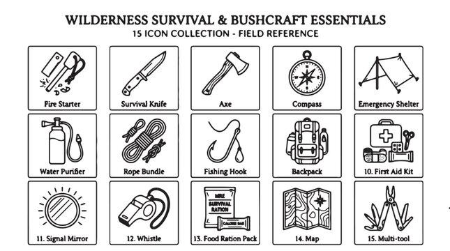 Wilderness survival icons, bushcraft essentials, 15 icon collection, field reference guide