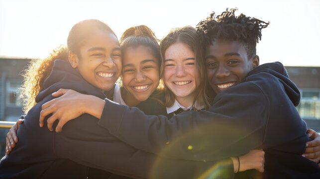 Four diverse teenagers embracing outdoors in warm sunlight, smiling together with genuine joy. Mixed gender group celebrating friendship and unity in a candid, heartfelt moment.