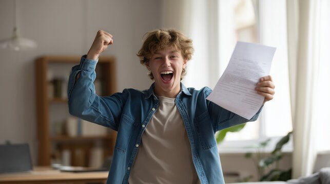 A young man raises his fist in triumph while holding an important document at home, celebrating academic or financial success with an expression of pure joy.