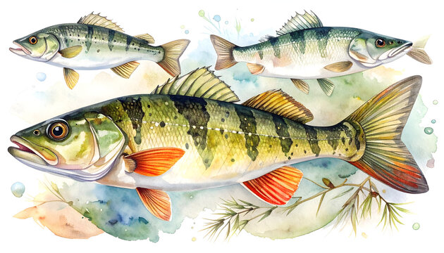 Perch and pikeperch varieties displaying distinctive predatory markings in an educational soft natural european freshwater aquatic predatory illustration watercolor painting atmosphere generative AI