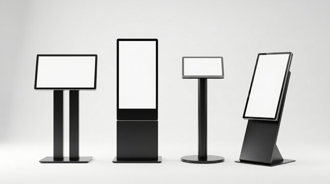 Set of digital signage kiosk stands with white blank screens for mockup advertising exhibition promotion information display isolated on white studio background for presentation.