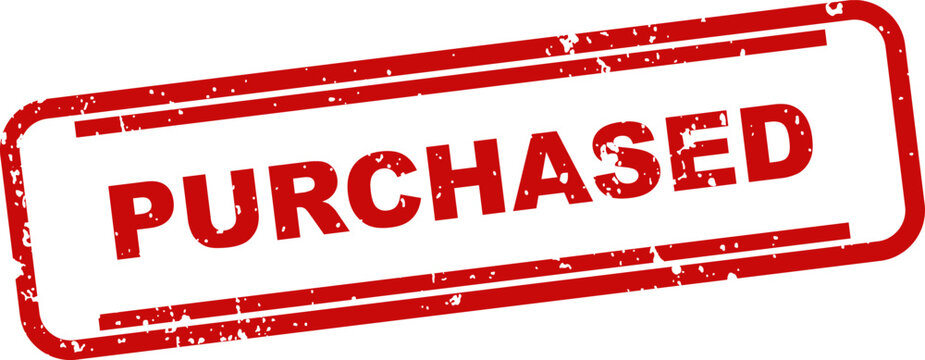 Red rubber 'purchased' stamp impression isolated on white background commercial use graphic