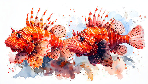 Scorpionfish and firefish varieties displaying venomous spines and dramatic red orange coloring in an aggressive dangerous marine aquarium watercolor painting atmosphere generative AI