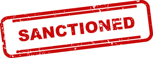 Sanctioned stamp graphic red ink rectangle with distressed texture on white background © NasimaH