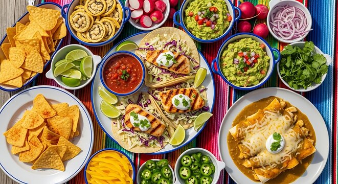 Top view of delicious mexican food feast with tacos nachos guacamole and salsa on colorful table. fiesta dinner ideas