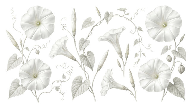 Vintage botanical morning glory illustration, white bindweed flowers with green leaves and vines, elegant floral garden sketch for wedding stationery isolated PNG with Transparent Background