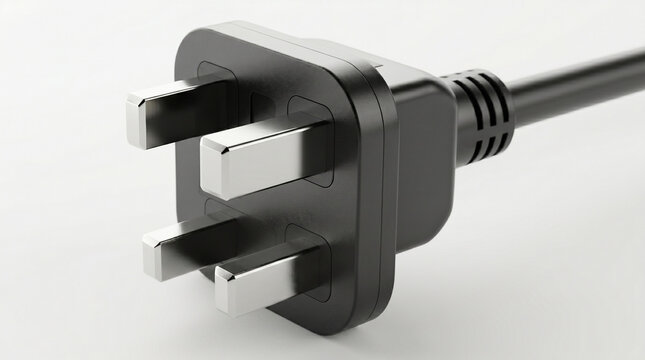 Close-up of black uk style three pin power plug with chrome pins and cable on clean white background.