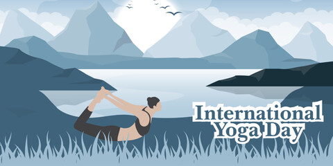 Fototapeta premium International Day of Yoga Vector Banner with Woman Performing Bow Pose in Mountain Nature Landscape