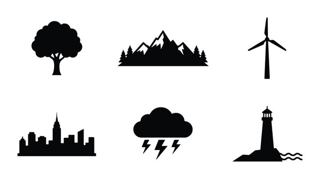 Nature and City Icons: Tree, Mountains, Wind Turbine, Skyline, Storm Cloud, Lighthouse