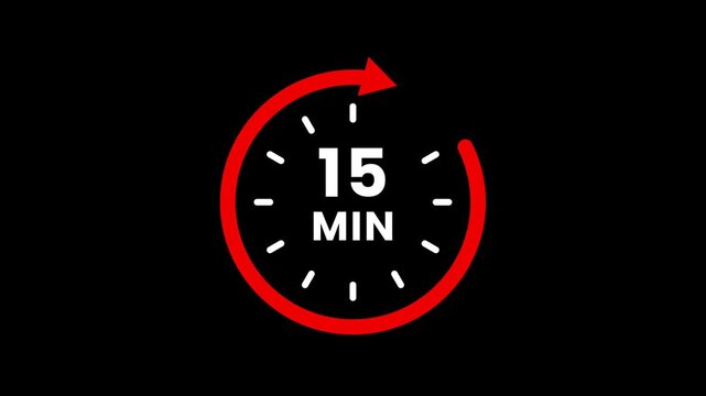 Timer 15 minutes countdown clock with circular arrow on Transparent background. Clock with 15 minute and circular arrows timer animation. 15 Min arrow clock icon animation. alpha channel. 4k video