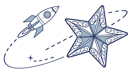 Rocket ship flying toward ornate decorative star sketch with ornament, celestial © Khadija