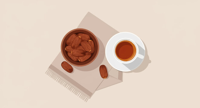Top down flat vector illustration of dried date fruits in a brown wooden bowl next to a white cup of black coffee on a saucer, resting on a tan fringed cloth napkin.
