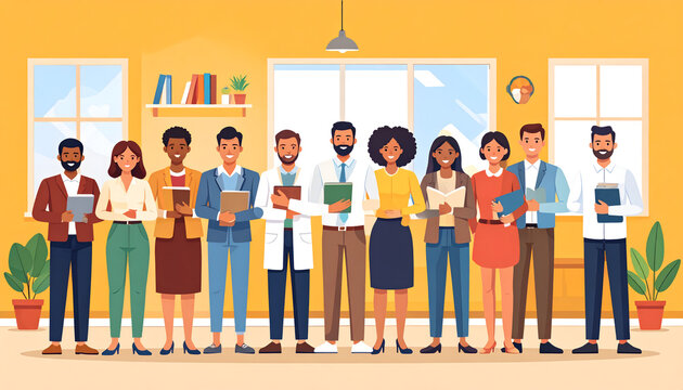 Educators standing in a horizontal row against a warm classroom yellow background creating an inspiring professional dedicated flat illustration generative AI