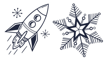 Rocket ship and snowflake doodle art set with snowflake illustration astronomy © Khadija